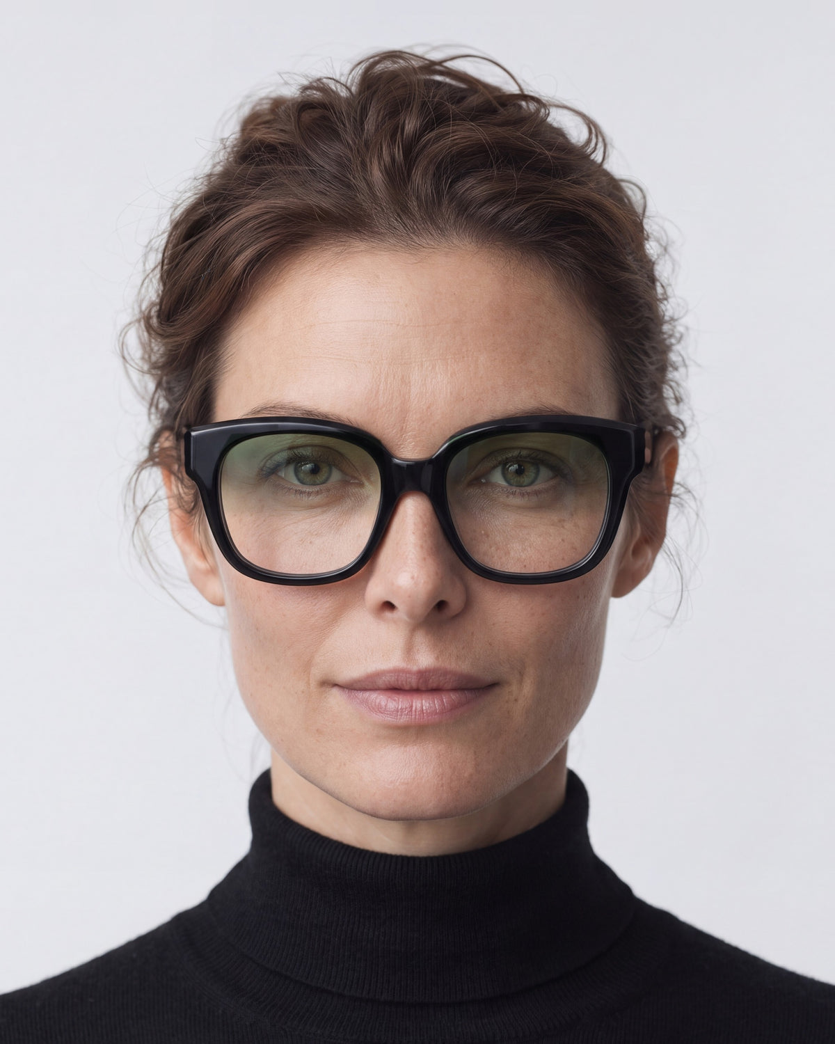 Chloe in black, worn, Sage lenses