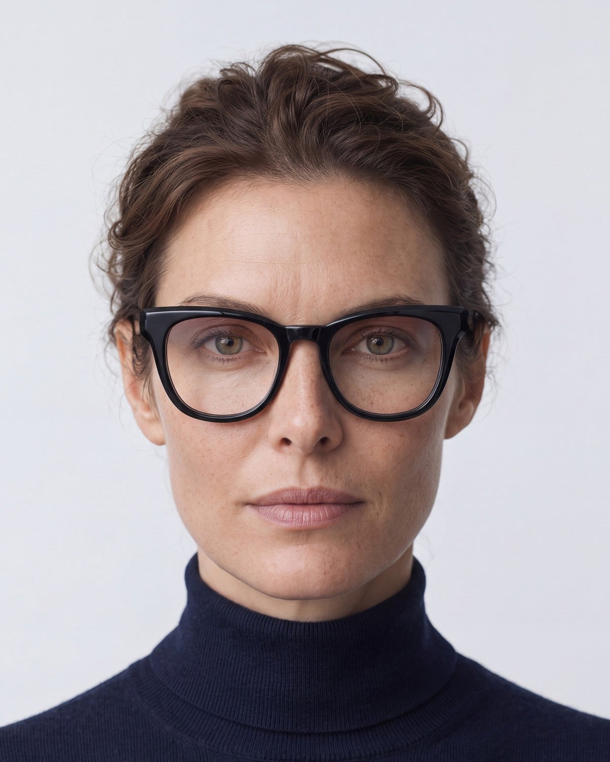 Zoey in black, worn, Heather lenses
