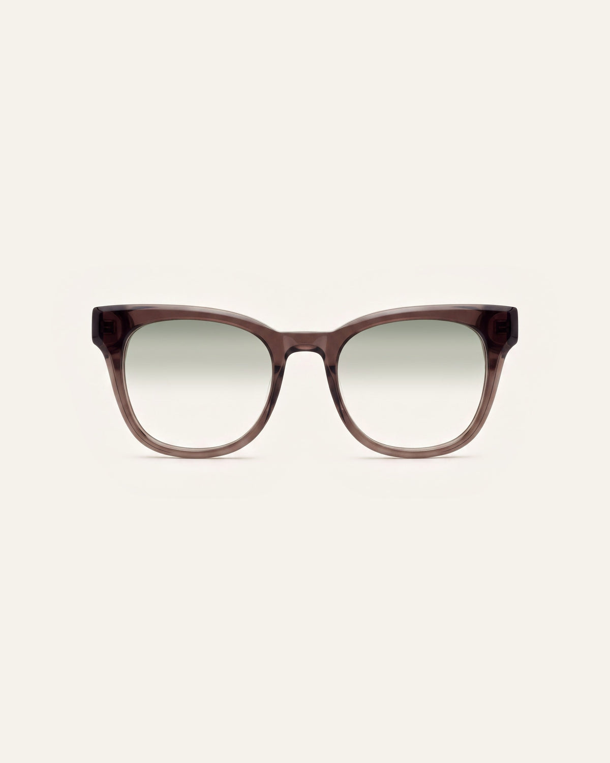 Zoey in dark brown, front, Sage lenses